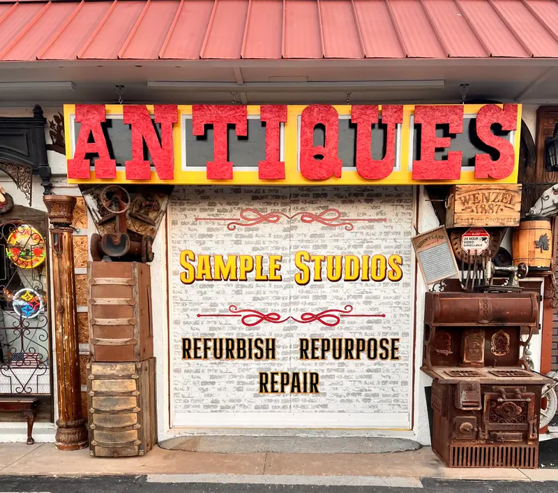 Sample Studios storefront sign on Apache Trail reading Antiques, Refurbish, Repurpose, Repair