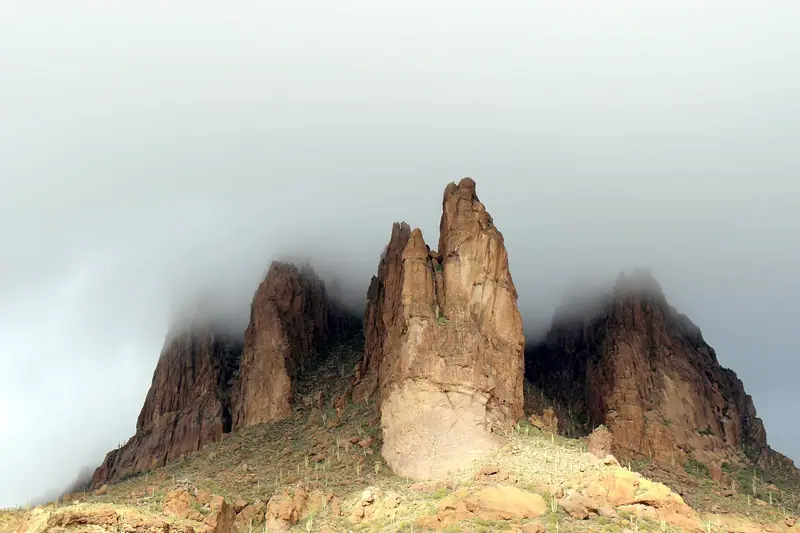Rock spires in morning cloud, Gold Canyon, Gold Canyon, Arizona