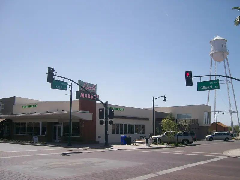Downtown Gilbert at Gilbert Rd and Page Ave with the water tower, Gilbert, Arizona